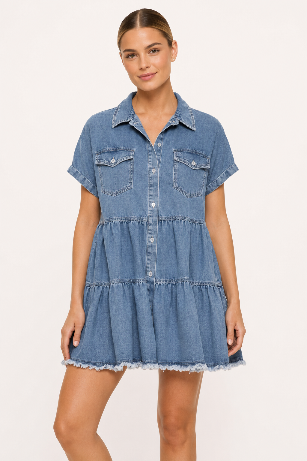 Vestido corto vaquero mujer manga corta bolsillos bajo deshilachado - Heike