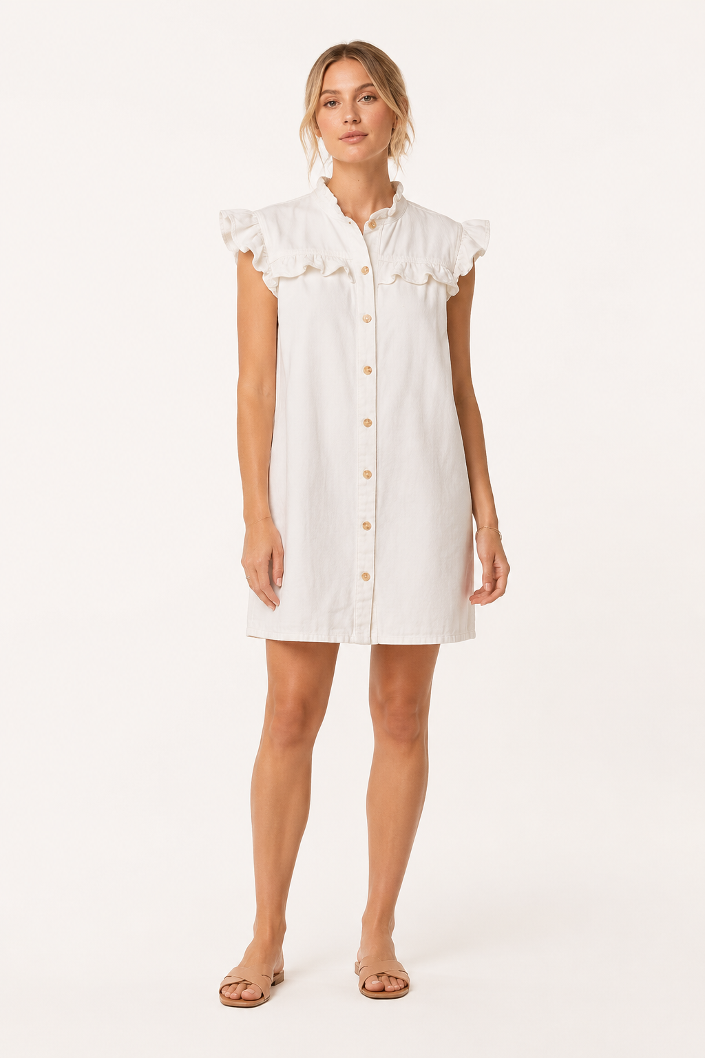 Vestido corto denim mujer volantes superiores botones silueta amplia - Meike