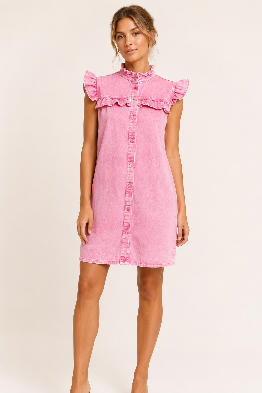 Vestido corto denim mujer volantes superiores botones silueta amplia - Meike