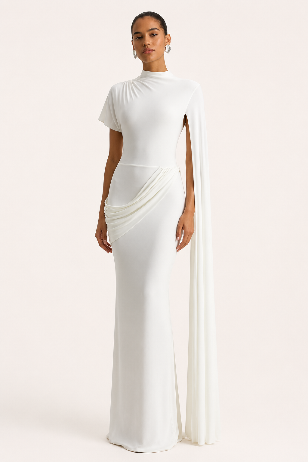 Vestido largo mujer gala cuello alto capa fluida pliegues elegante - Mirna