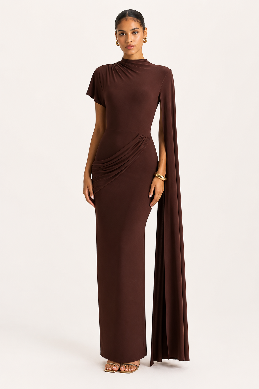 Vestido largo mujer gala cuello alto capa fluida pliegues elegante - Mirna