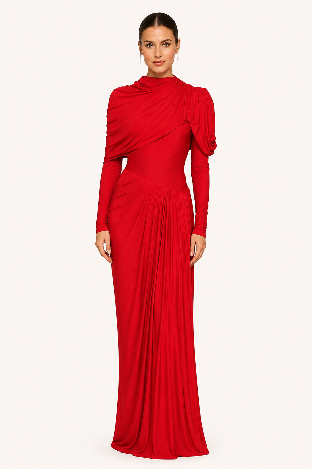 Vestido largo mujer elegante cuello alto manga larga pliegues cruzados - Sonhia