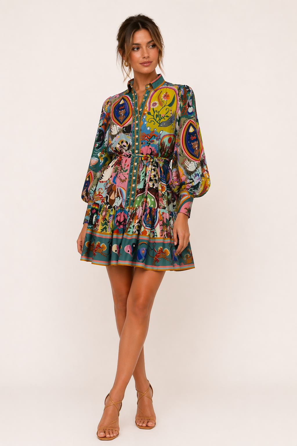 Vestido corto estampado tipo camisa manga larga cinturón mujer - Iria