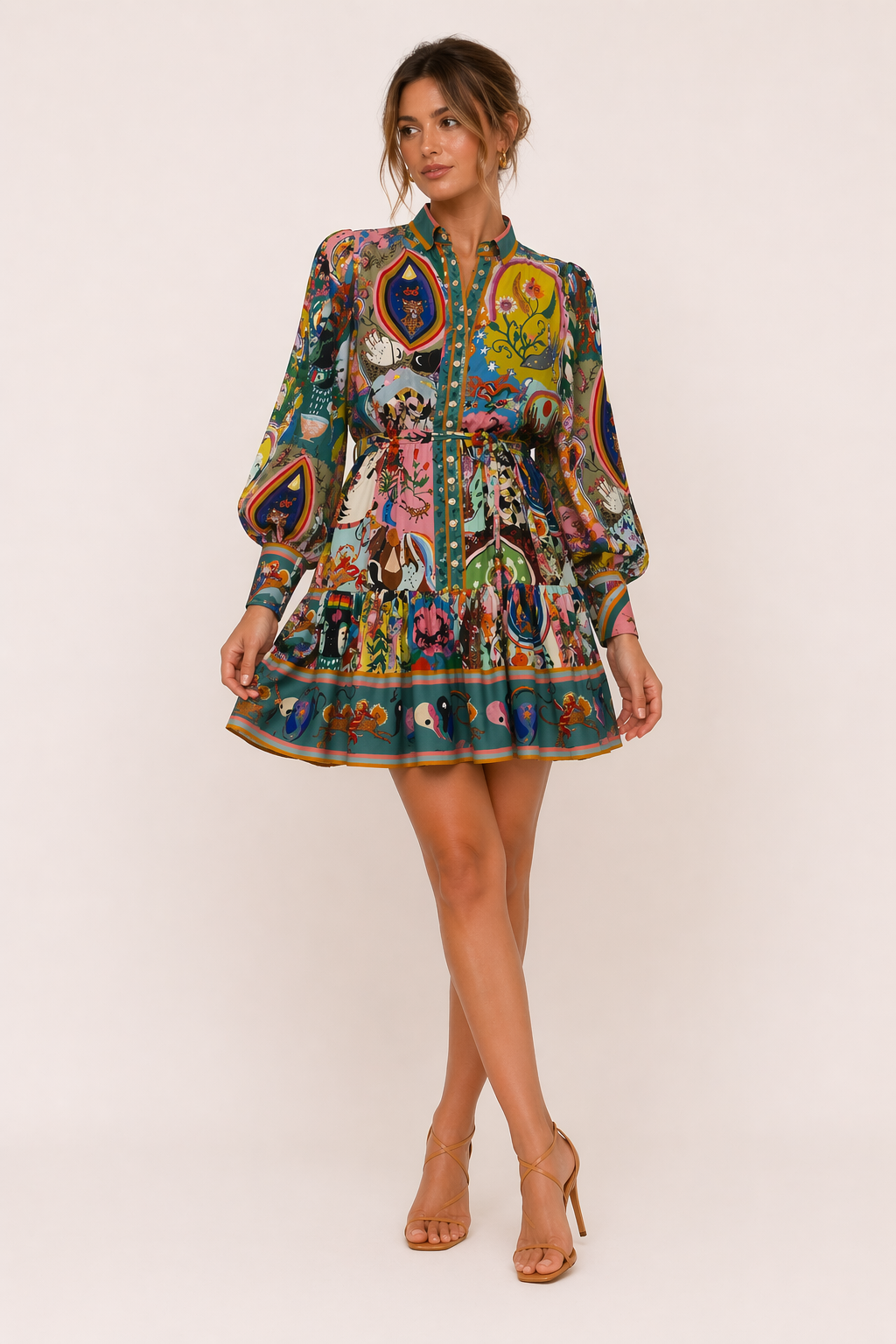 Vestido corto estampado tipo camisa manga larga cinturón mujer - Iria