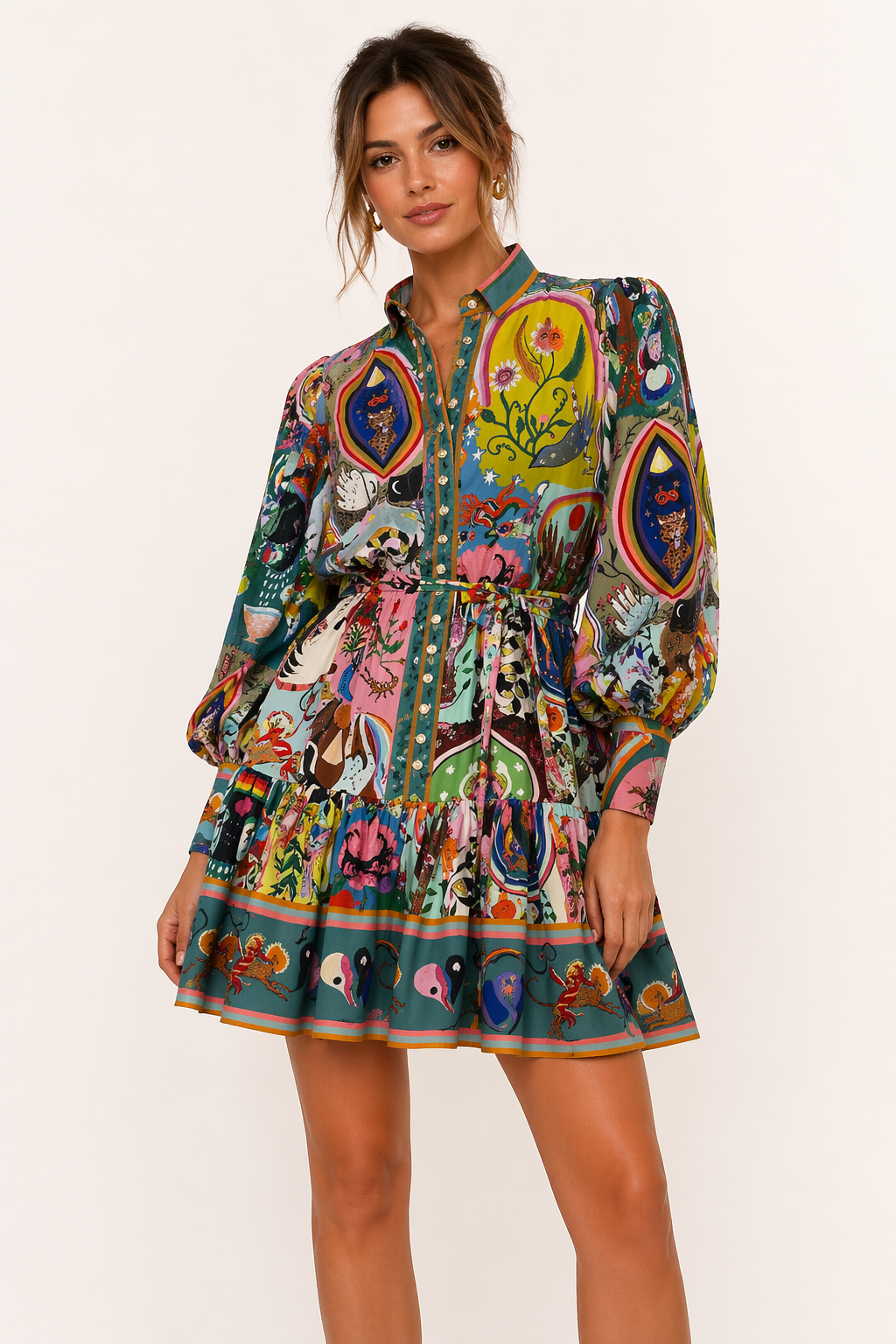 Vestido corto estampado tipo camisa manga larga cinturón mujer - Iria