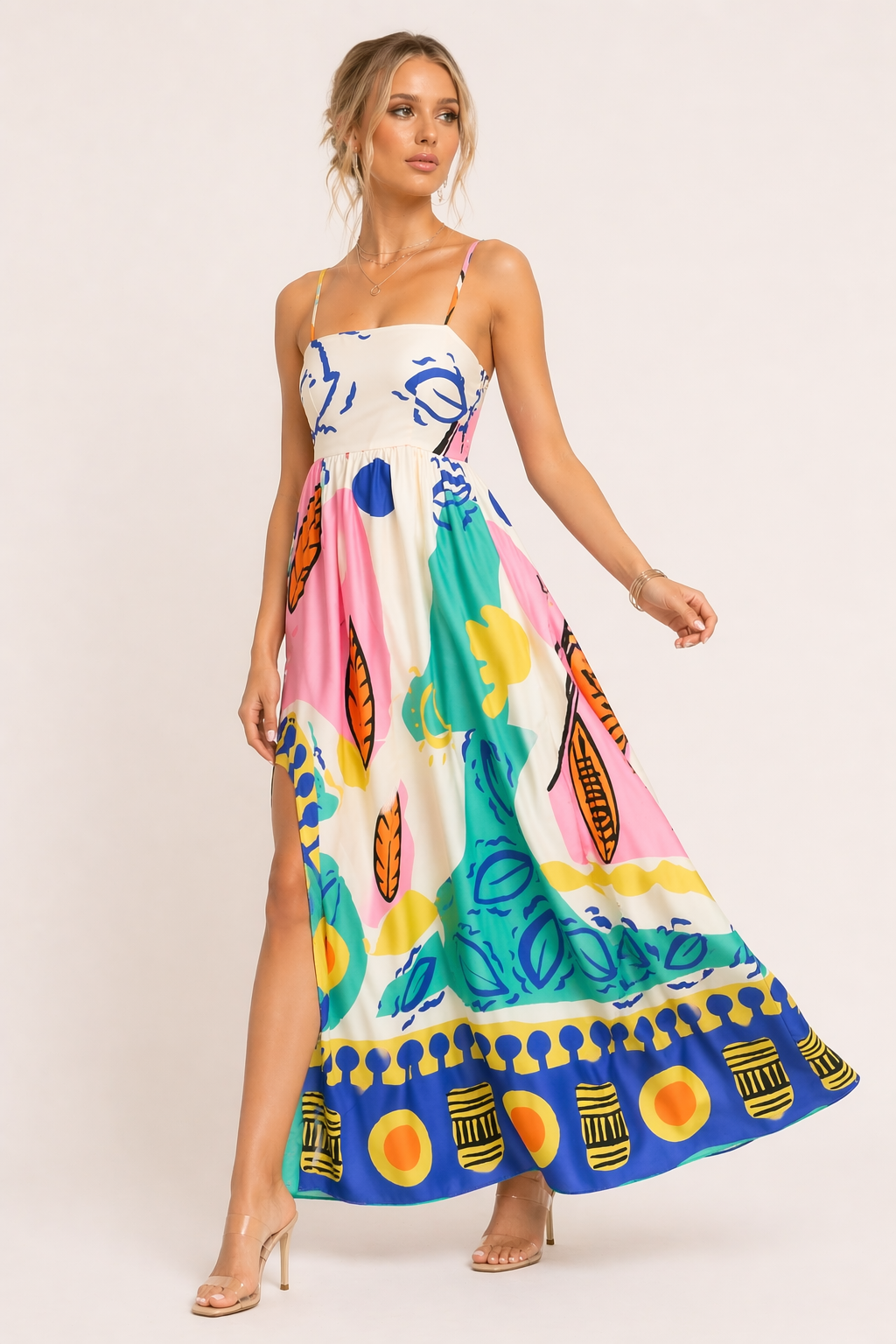 Vestido largo tirantes estampado gráfico abertura mujer verano - Aroa