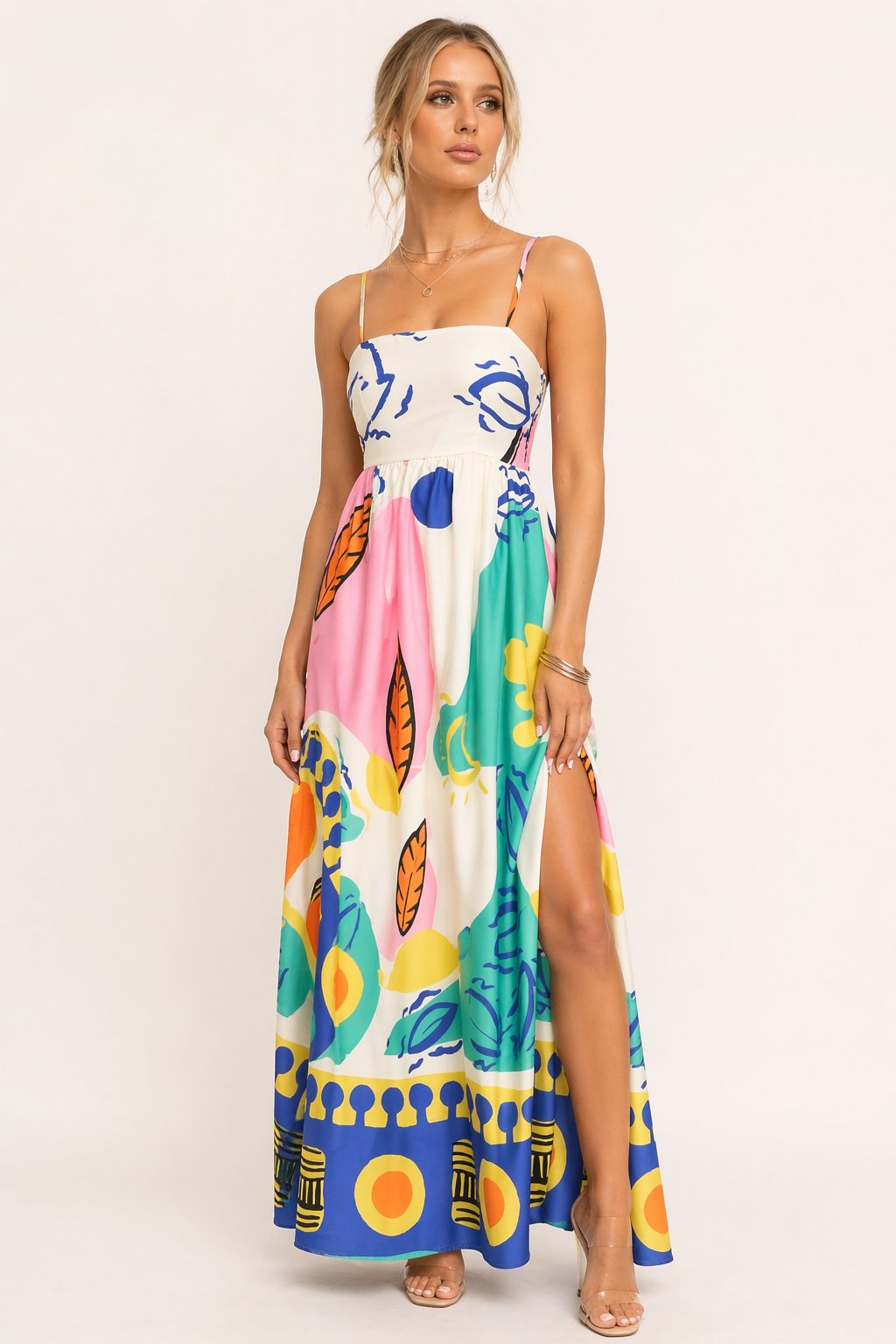 Vestido largo tirantes estampado gráfico abertura mujer verano - Aroa