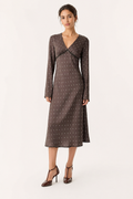 Vestido midi casual mujer manga larga topos cuello en V - Ottilie