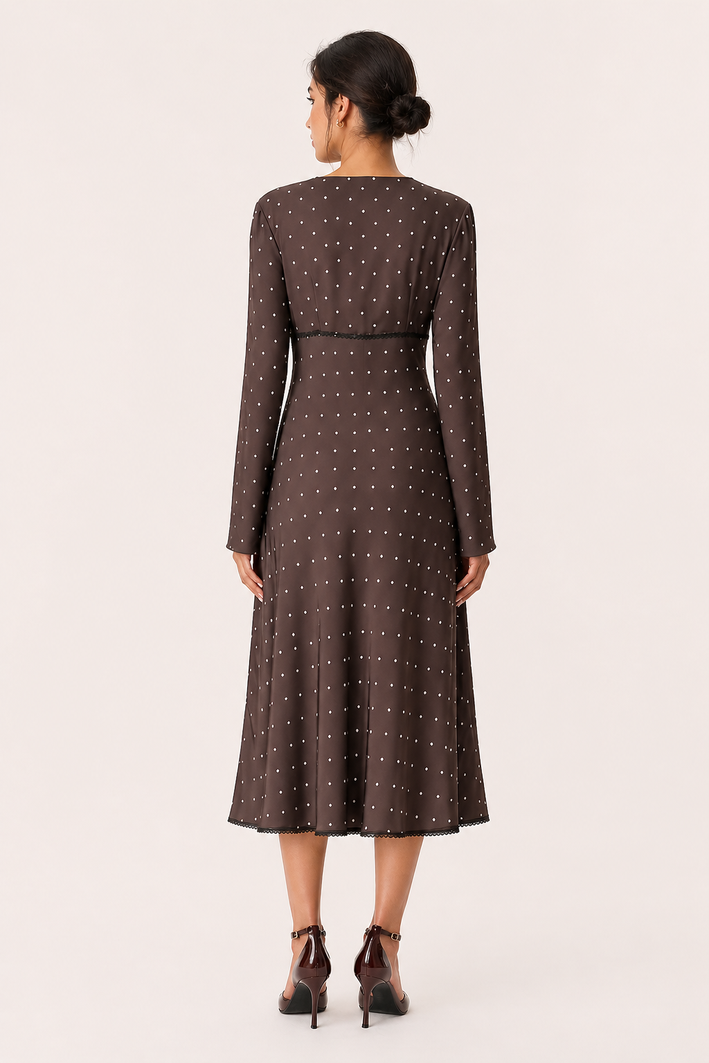 Vestido midi casual mujer manga larga topos cuello en V - Ottilie