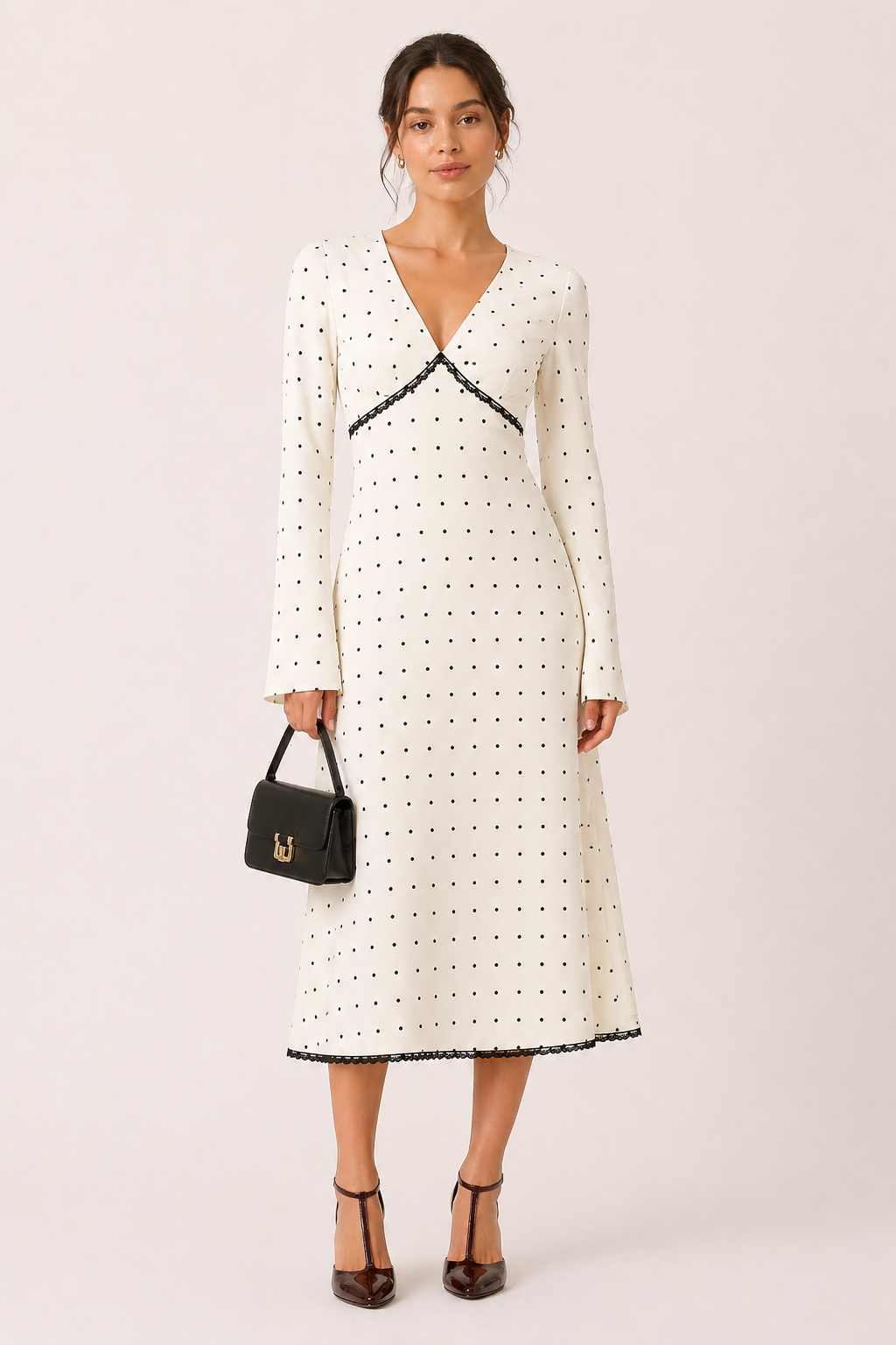 Vestido midi casual mujer manga larga topos cuello en V - Ottilie