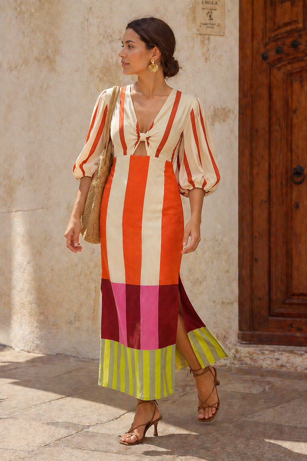 Vestido midi rayas nudo frontal manga amplia abertura mujer - Frida