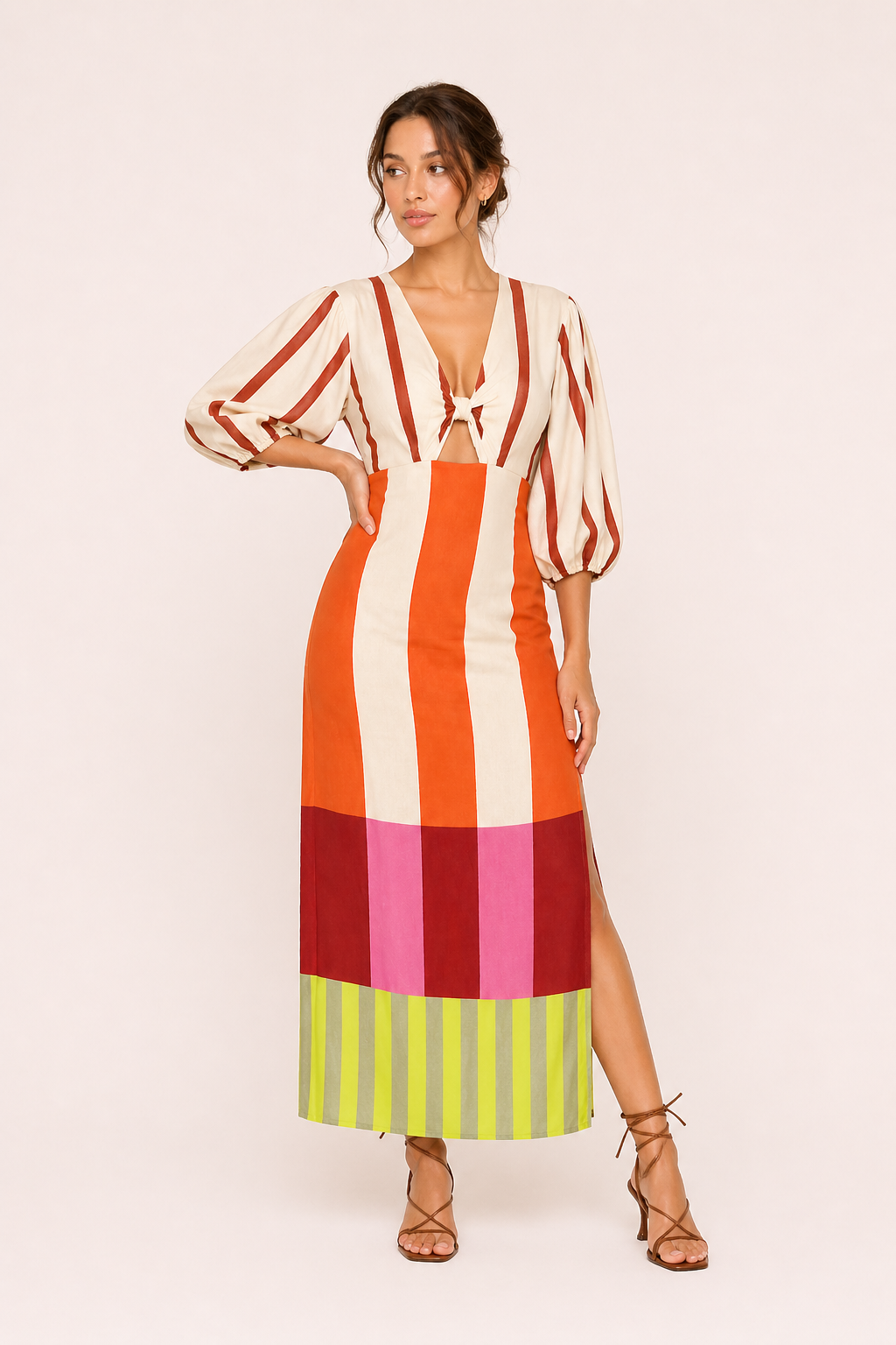 Vestido midi rayas nudo frontal manga amplia abertura mujer - Frida