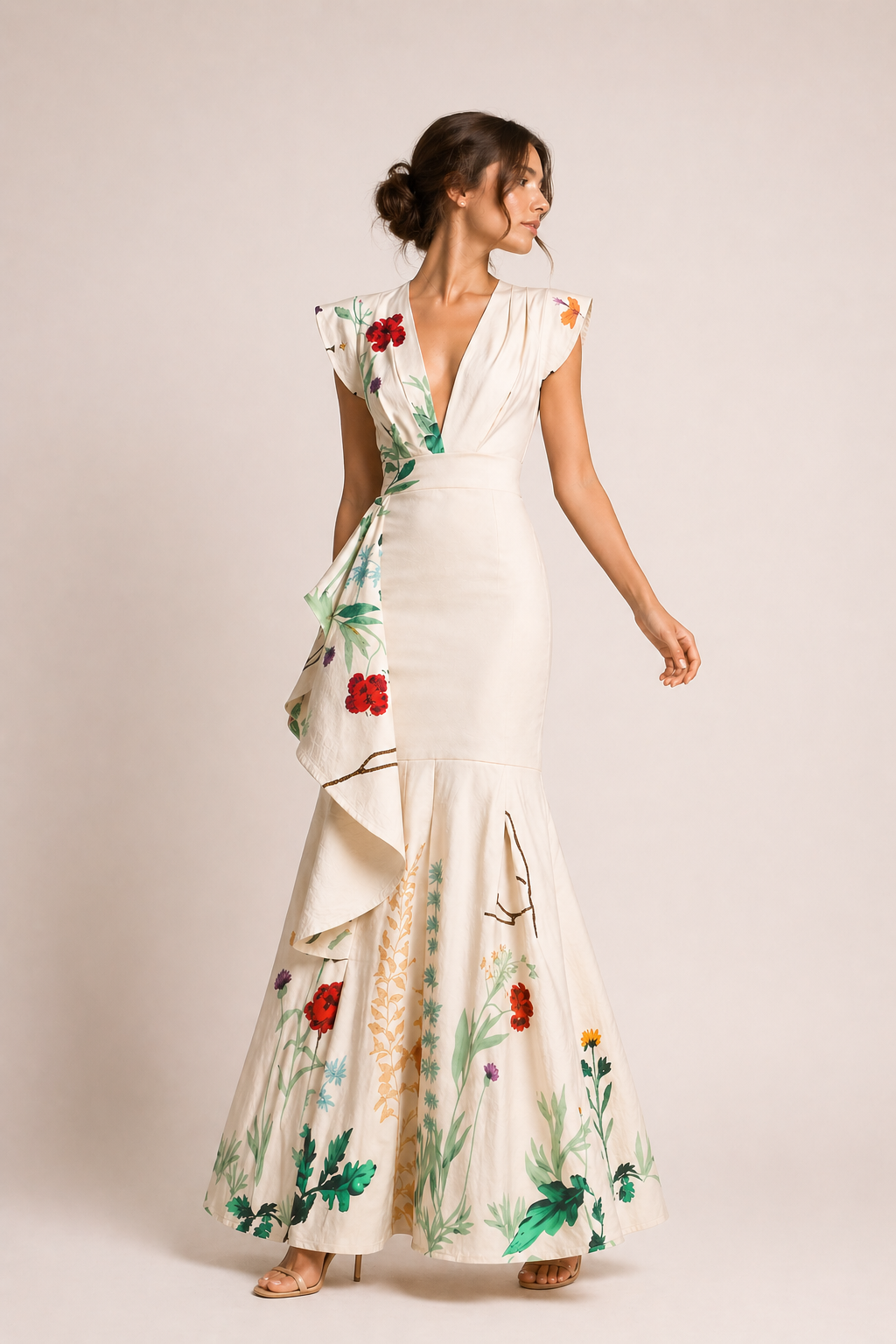 Vestido largo floral escote pronunciado cintura marcada mujer fiesta - Elke