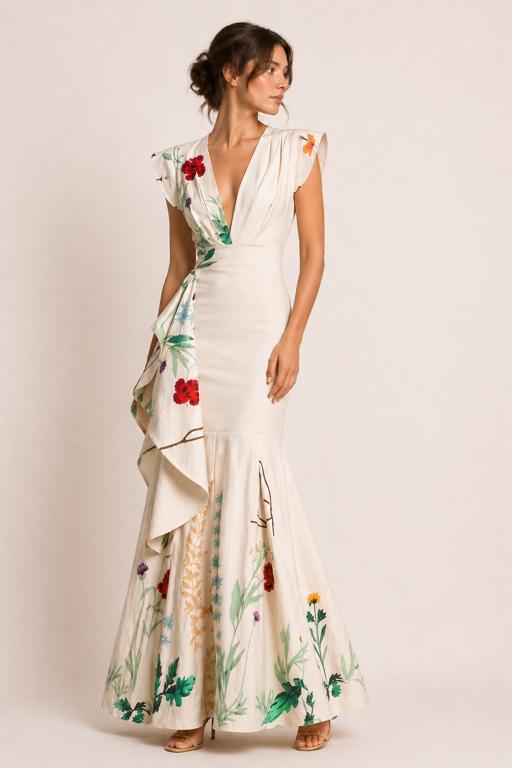 Vestido largo floral escote pronunciado cintura marcada mujer fiesta - Elke