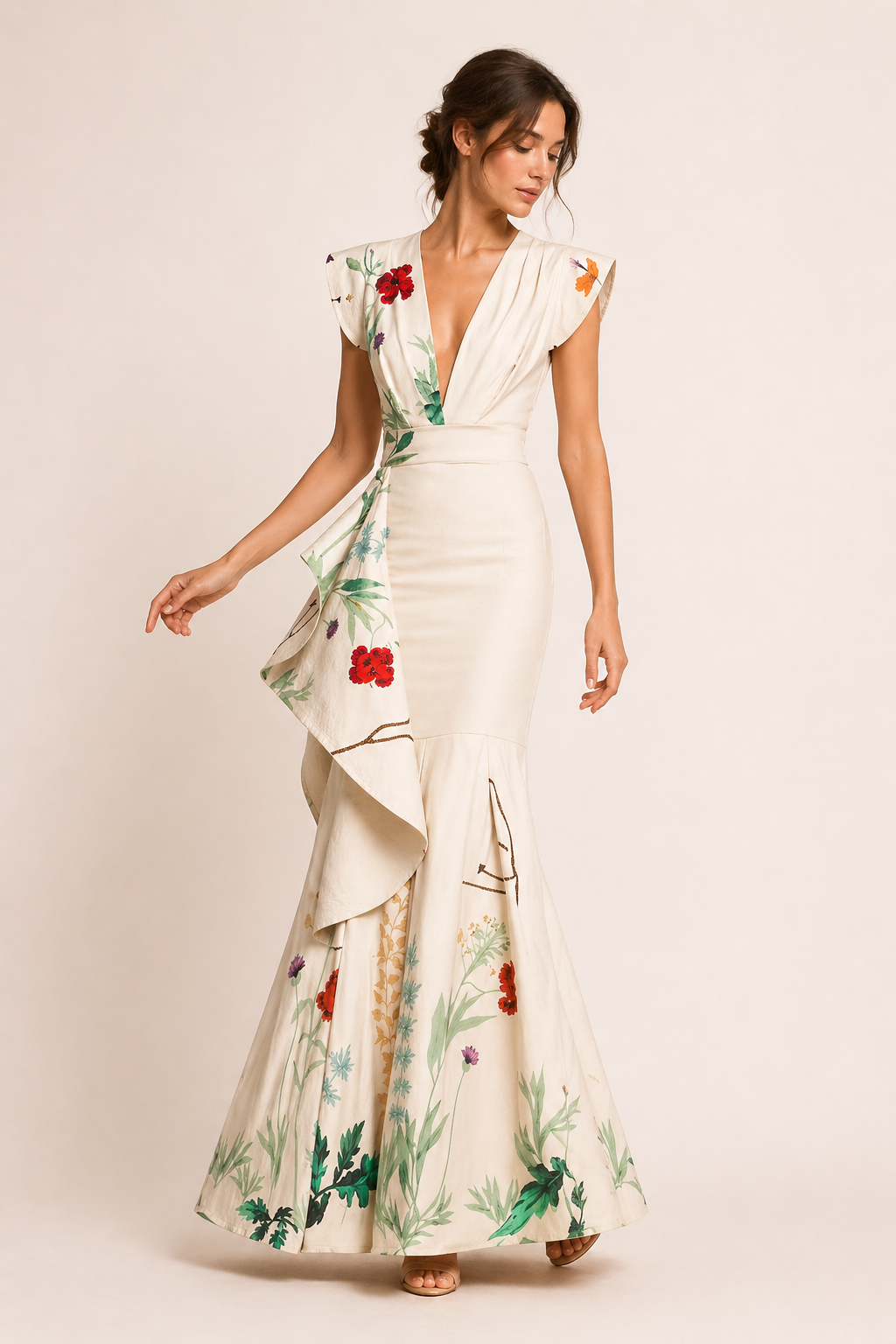 Vestido largo floral escote pronunciado cintura marcada mujer fiesta - Elke