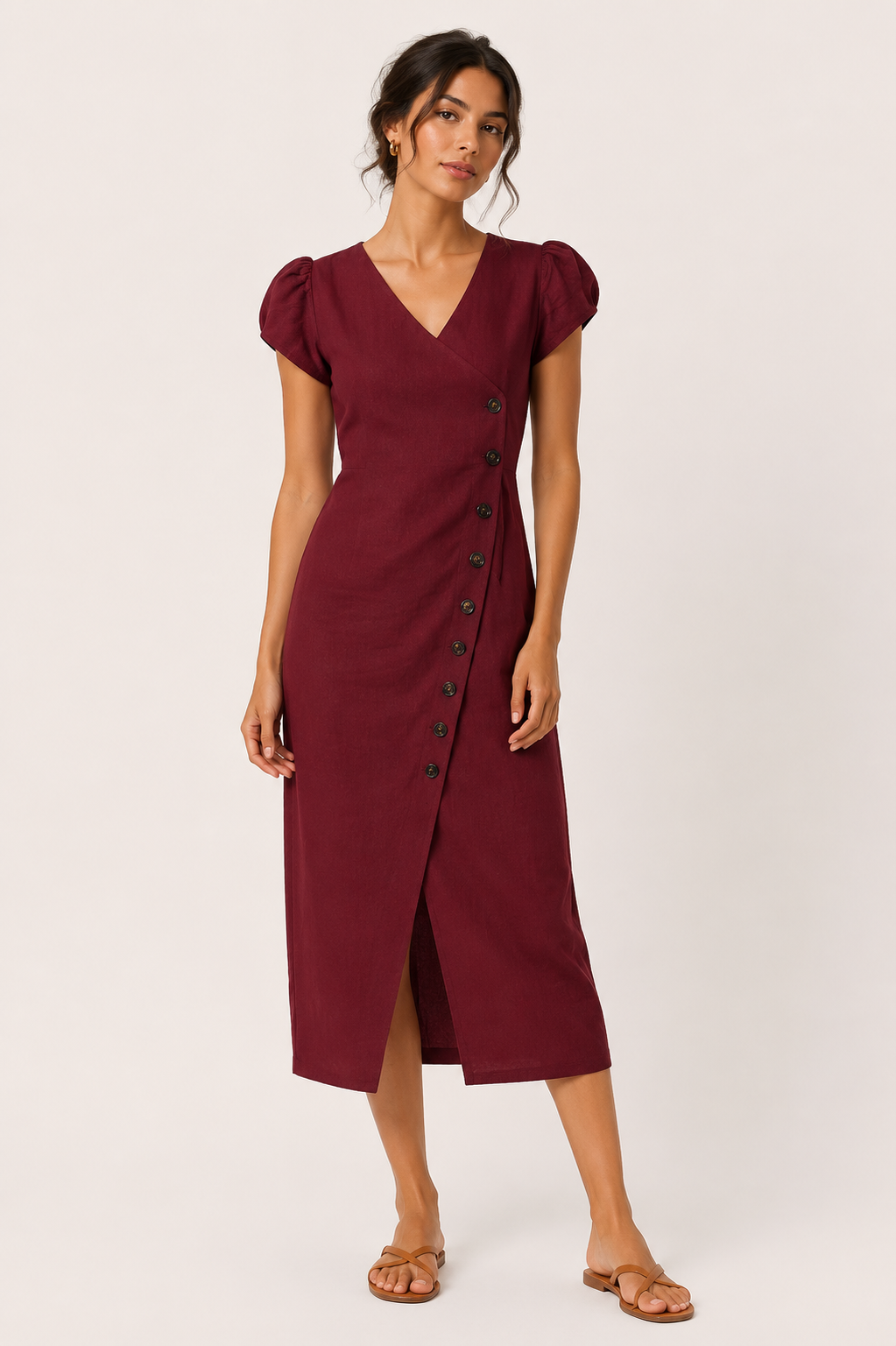 Vestido midi mujer escote V manga volumen botones abertura frontal - Gisela