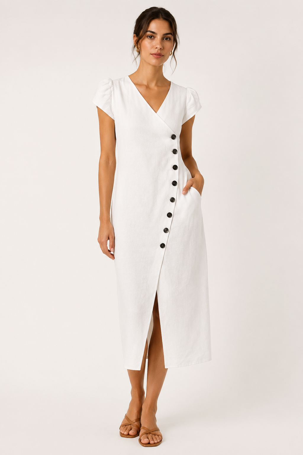 Vestido midi mujer escote V manga volumen botones abertura frontal - Gisela
