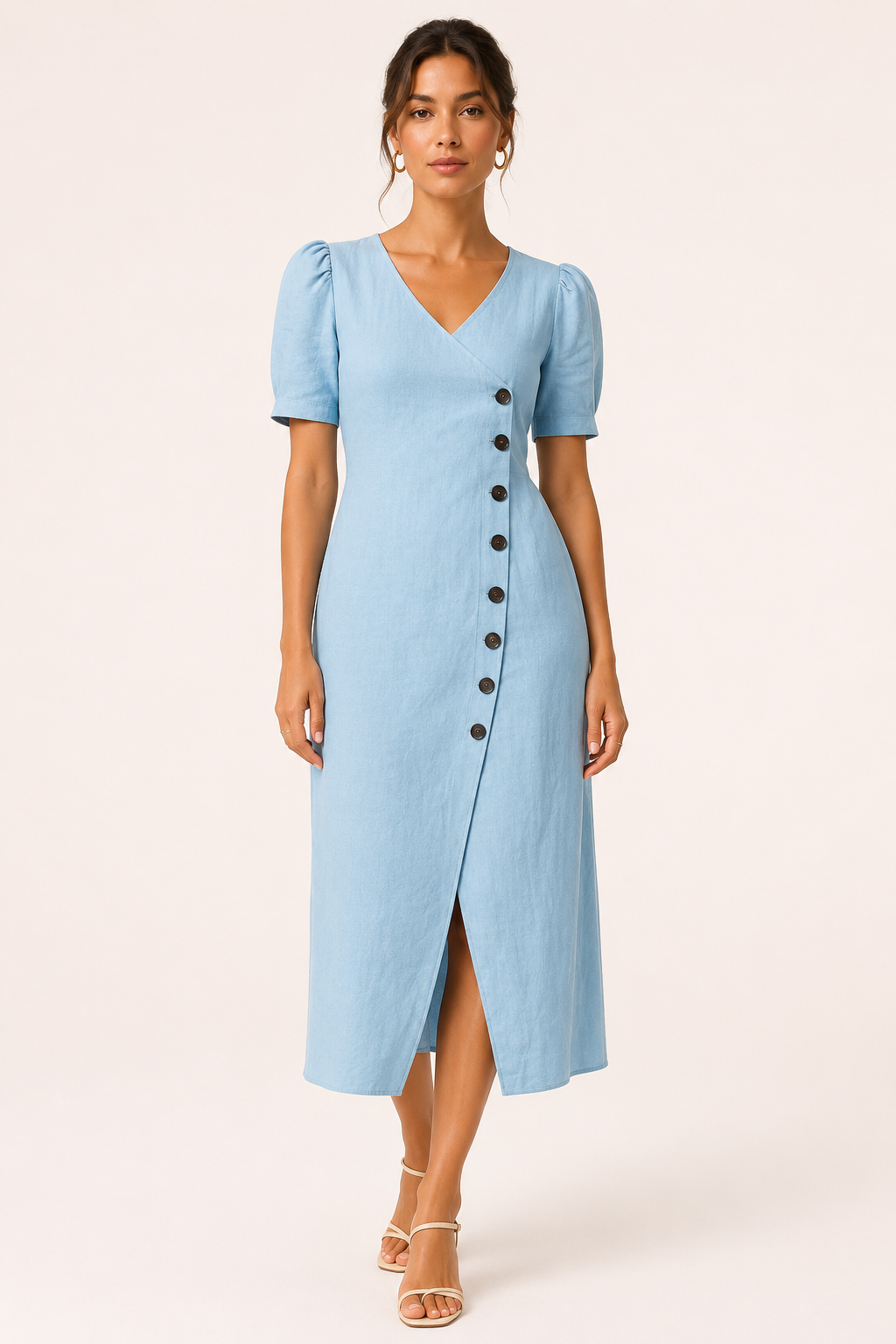 Vestido midi mujer escote V manga volumen botones abertura frontal - Gisela