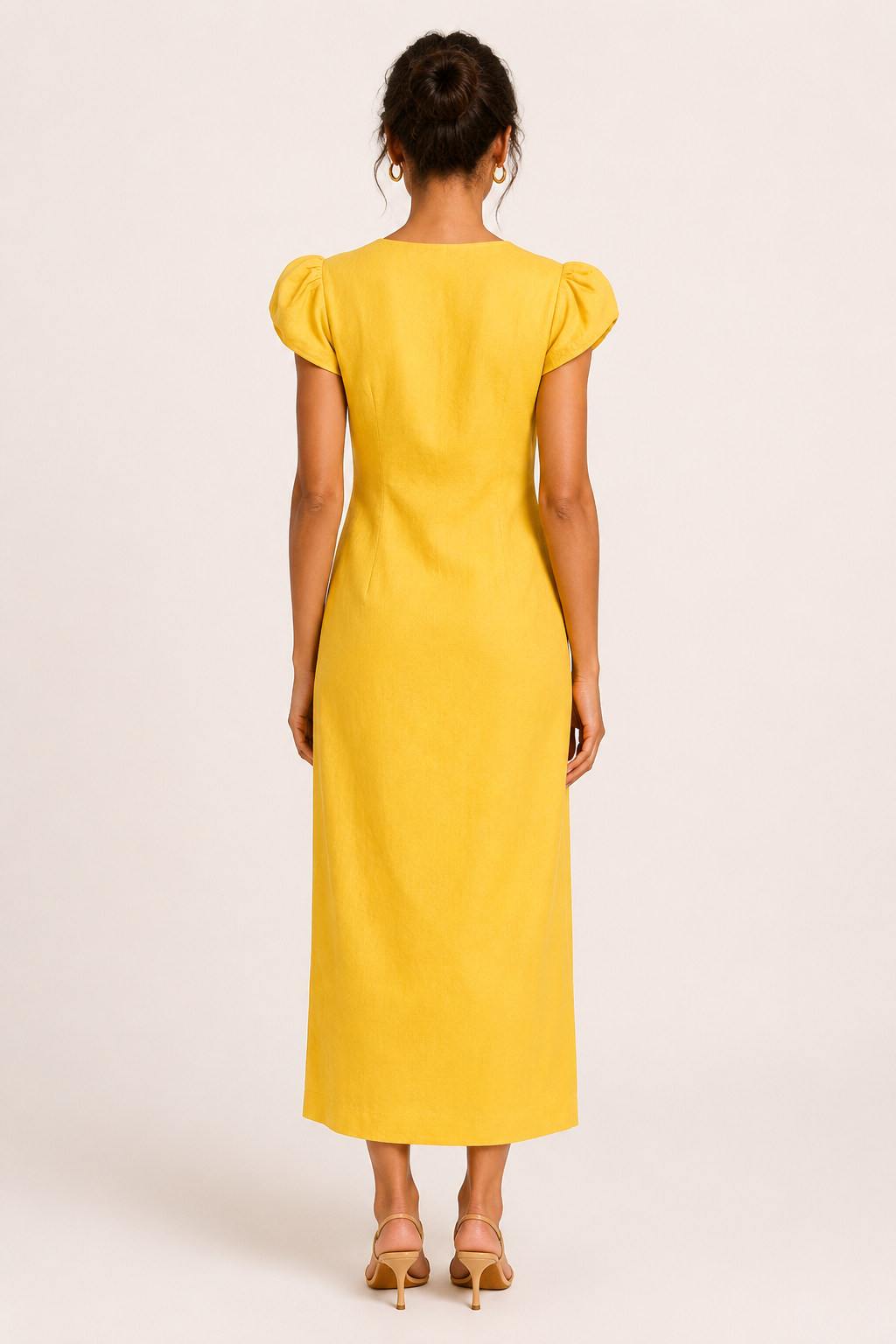 Vestido midi mujer escote V manga volumen botones abertura frontal - Gisela