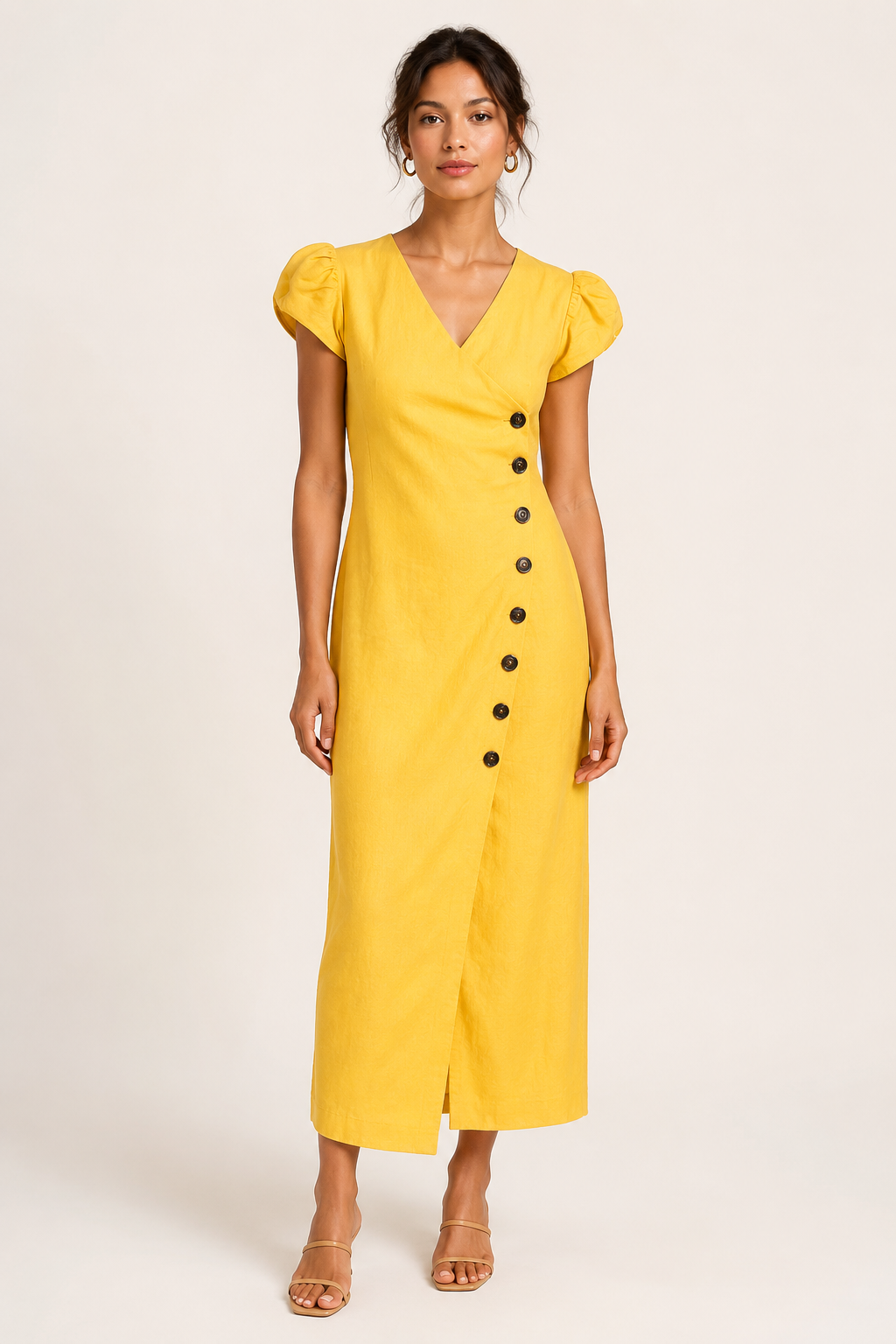 Vestido midi mujer escote V manga volumen botones abertura frontal - Gisela