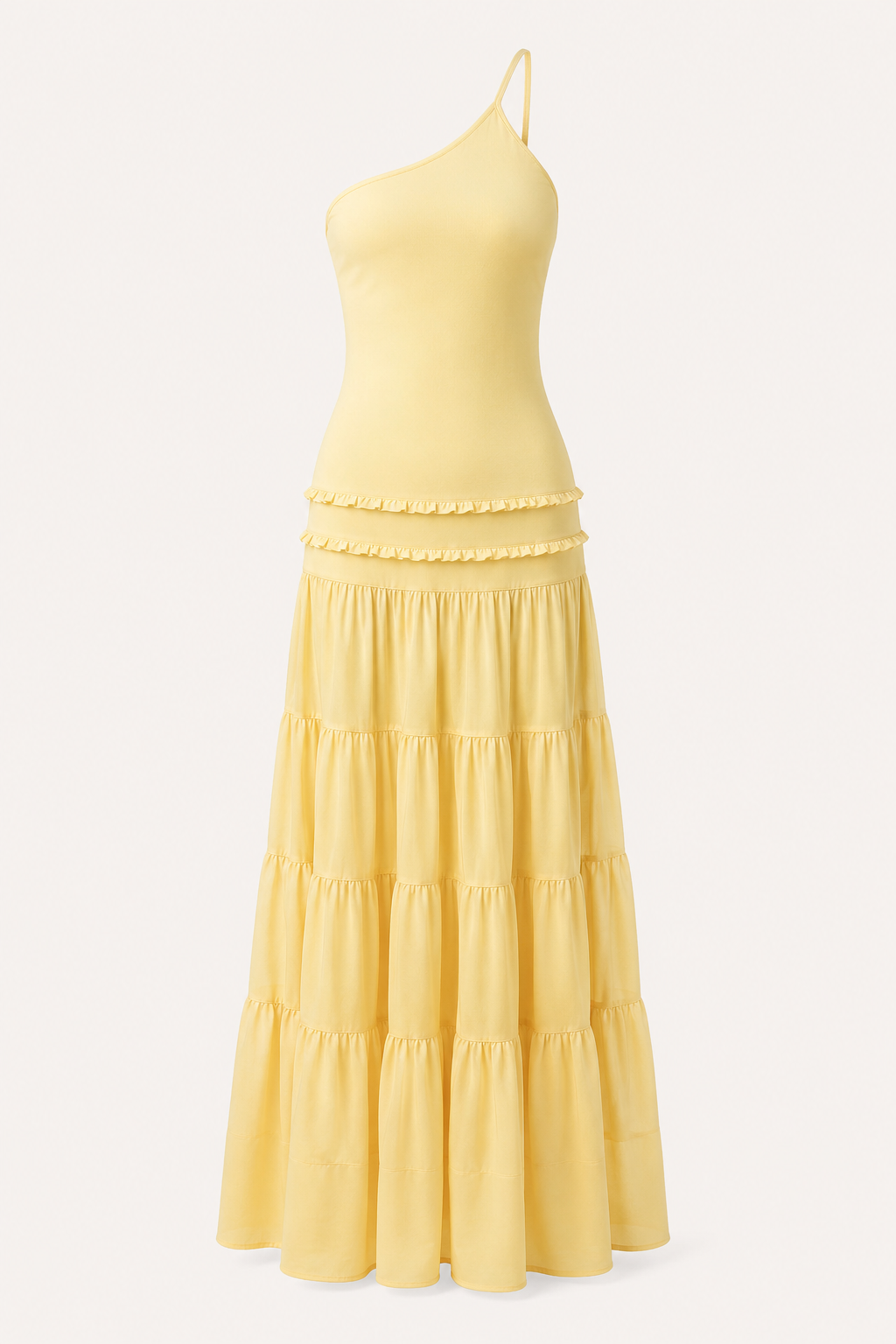 Vestido largo mujer un hombro tirante fino falda niveles olanes frunces - Lisbos