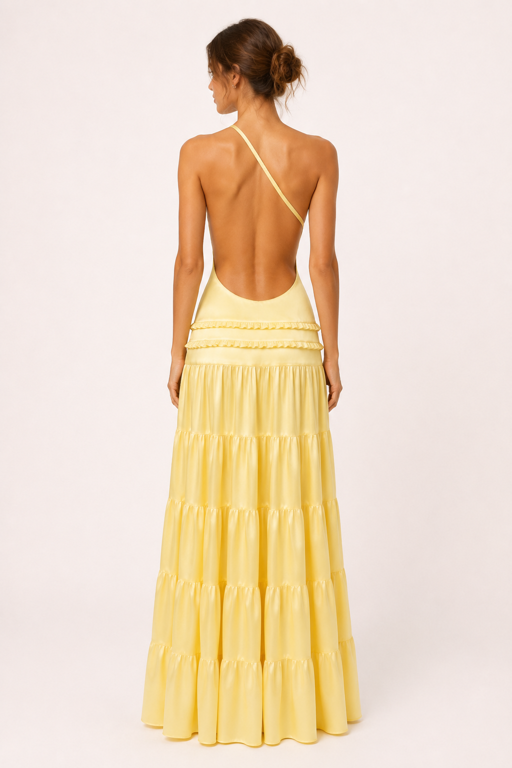 Vestido largo mujer un hombro tirante fino falda niveles olanes frunces - Lisbos