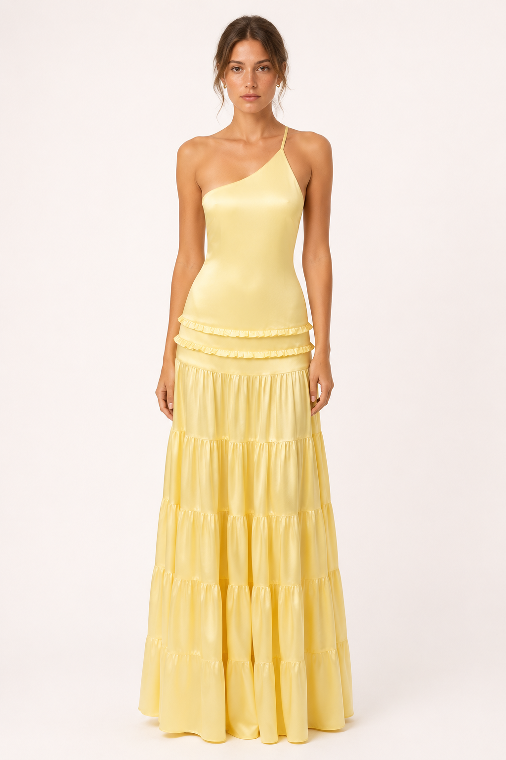 Vestido largo mujer un hombro tirante fino falda niveles olanes frunces - Lisbos