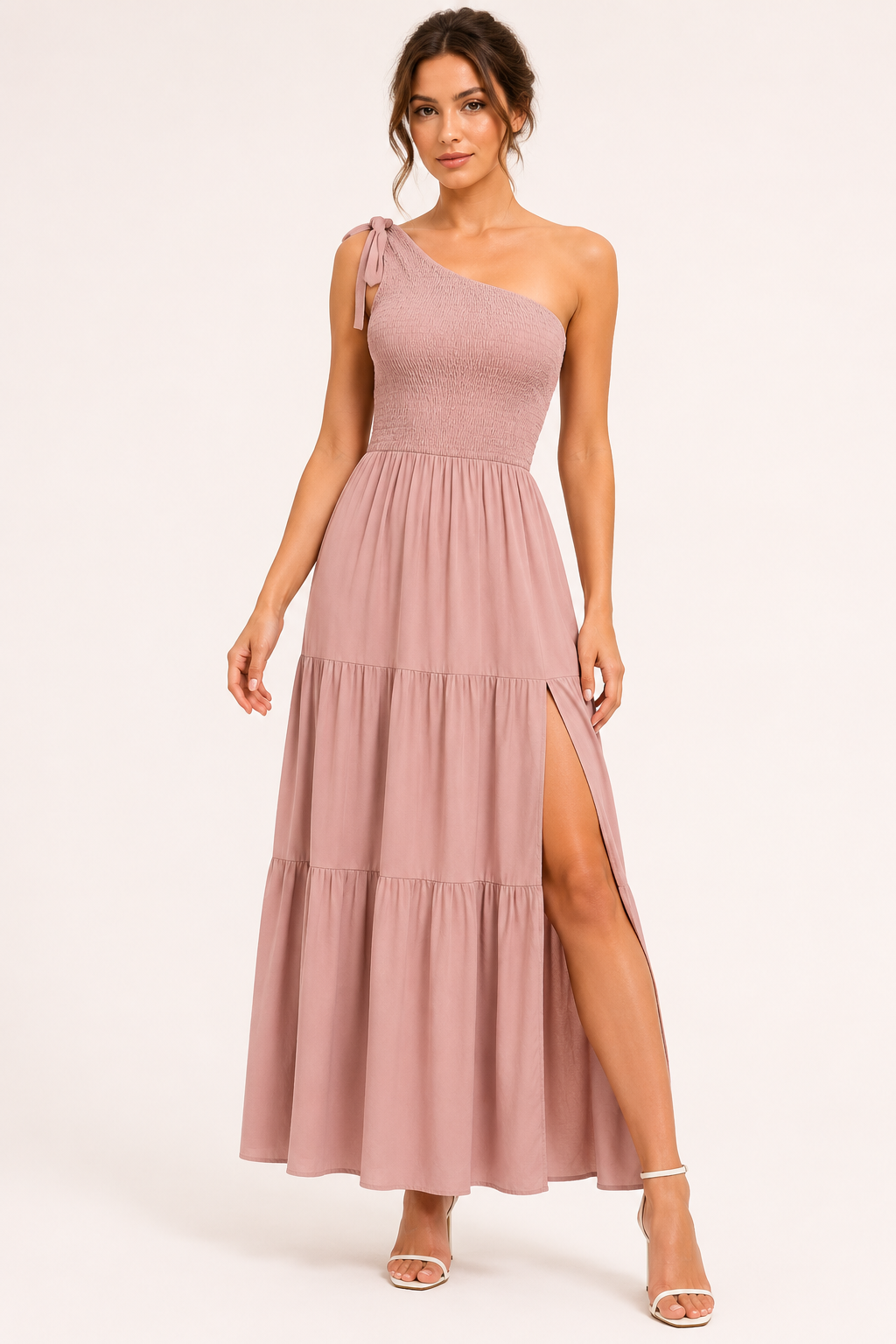 Vestido largo mujer un hombro lazo tirante busto fruncido abertura lateral - Karla