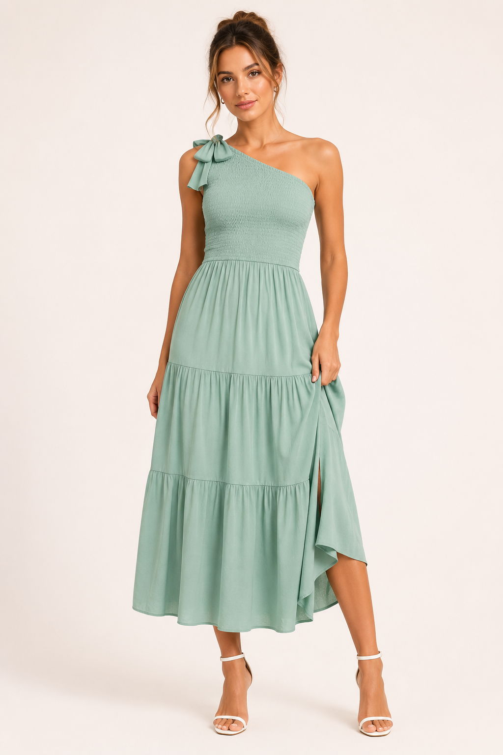 Vestido largo mujer un hombro lazo tirante busto fruncido abertura lateral - Karla