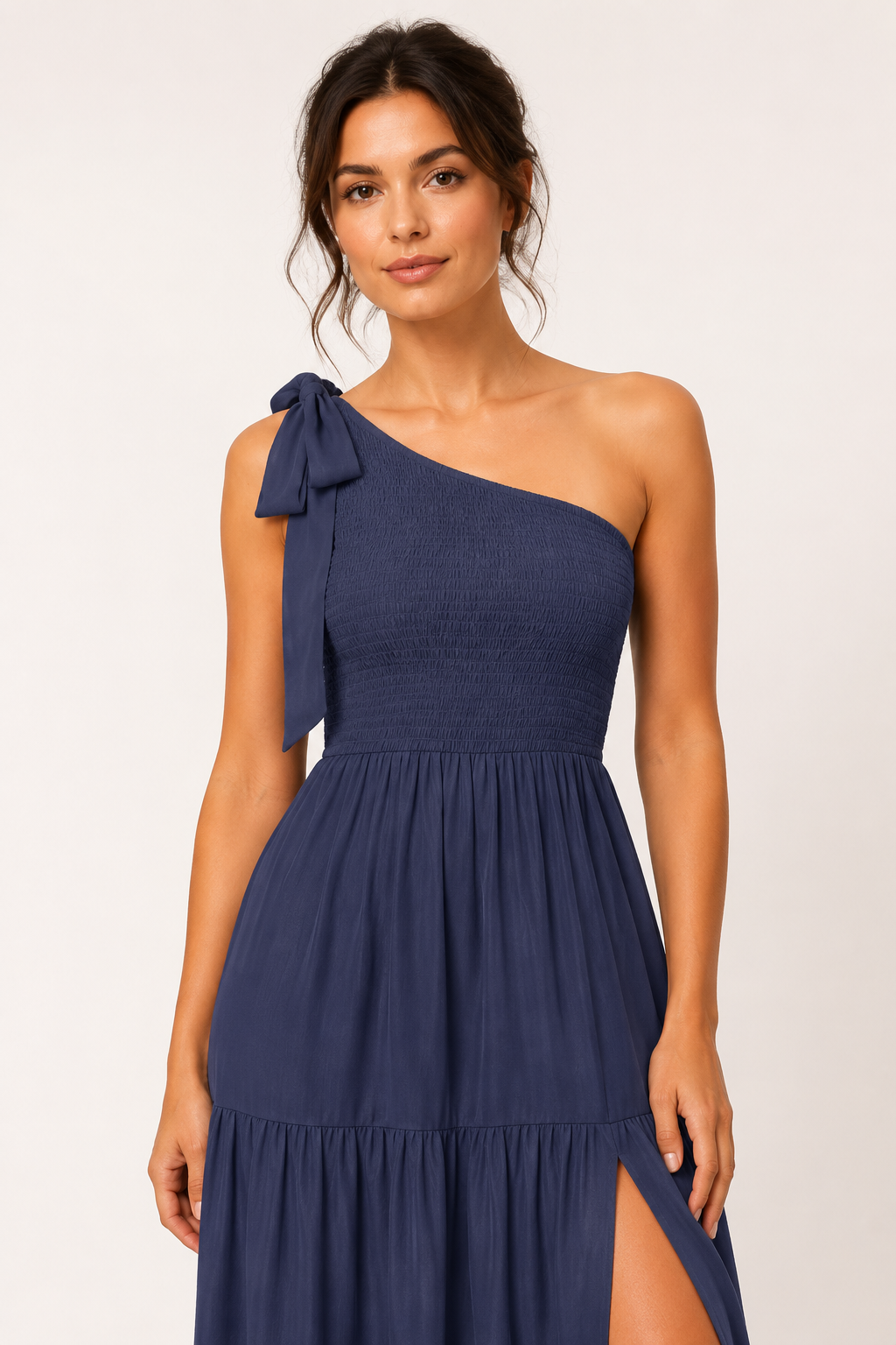 Vestido largo mujer un hombro lazo tirante busto fruncido abertura lateral - Karla