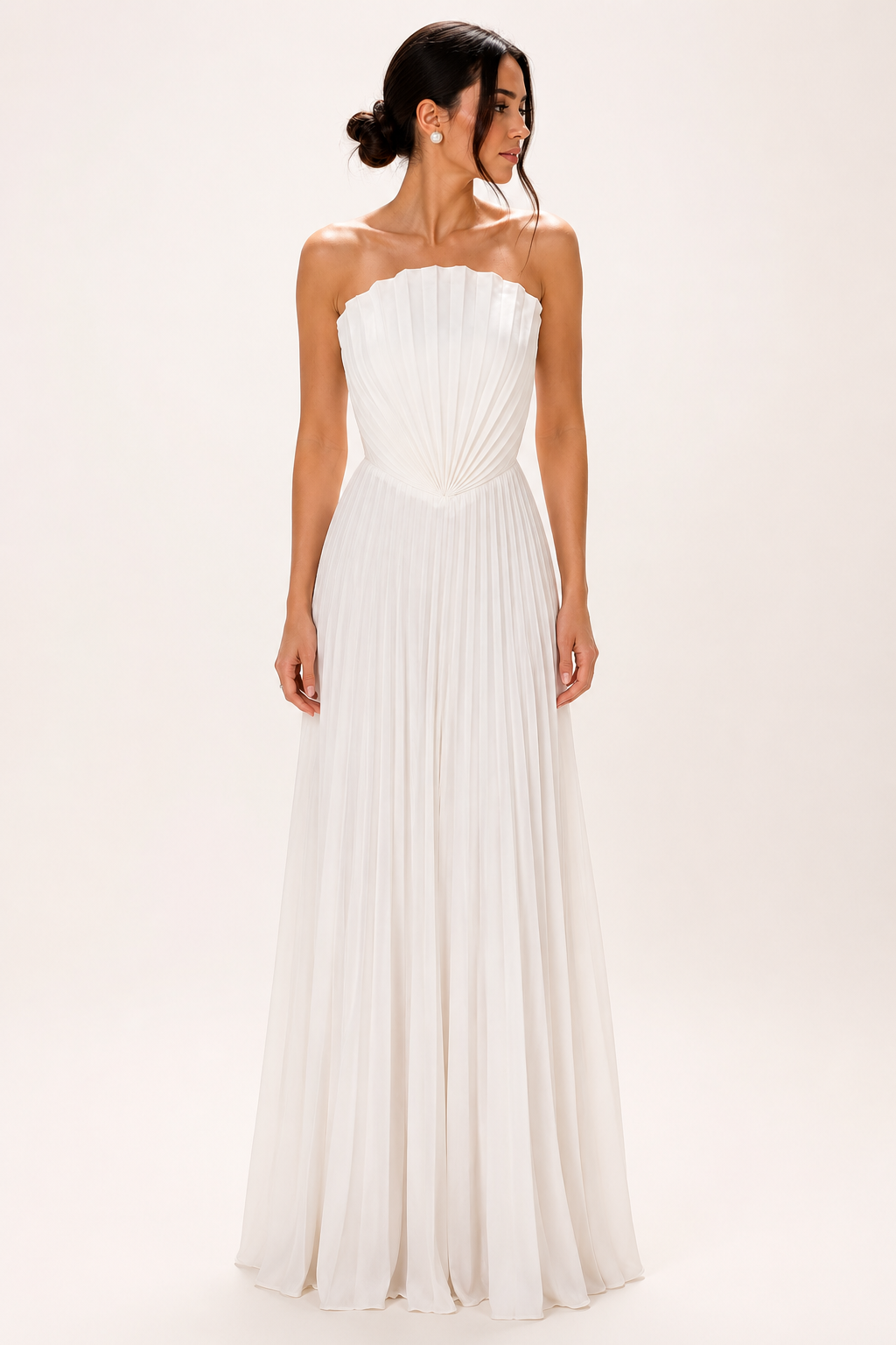 Vestido largo mujer strapless plisado cintura marcada falda amplia fiesta - Tomiris
