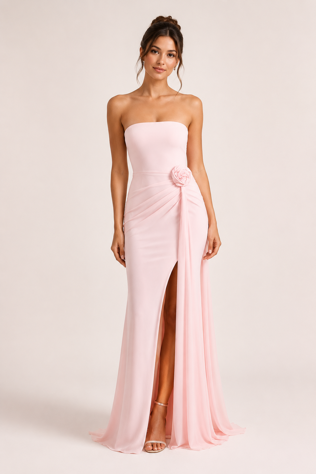 Vestido largo mujer strapless drapeado cadera flor abertura frontal fiesta - Monika