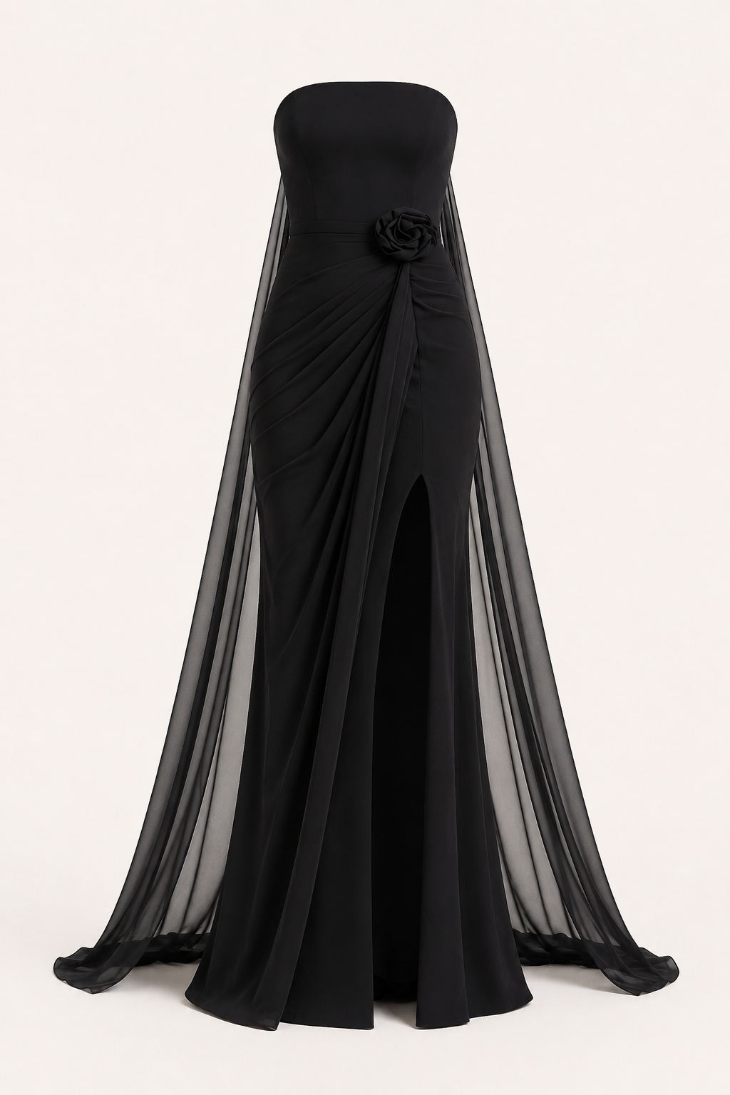 Vestido largo mujer strapless drapeado cadera flor abertura frontal fiesta - Monika