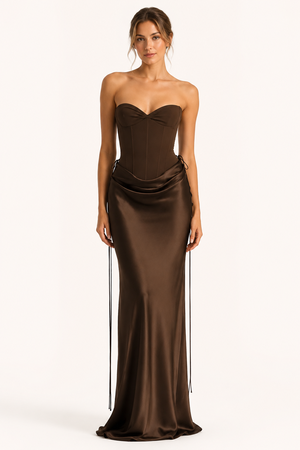 Conjunto mujer corset strapless copas marcadas falda drapeada cadera lazos - Annika