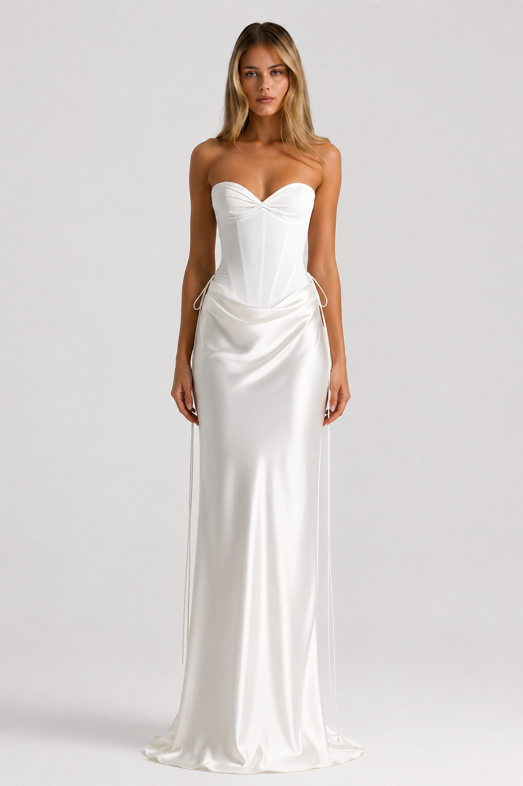 Conjunto mujer corset strapless copas marcadas falda drapeada cadera lazos - Annika