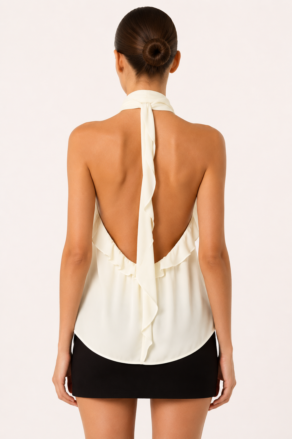 Blusa mujer halter cuello alto hombros descubiertos olanes laterales - Greta