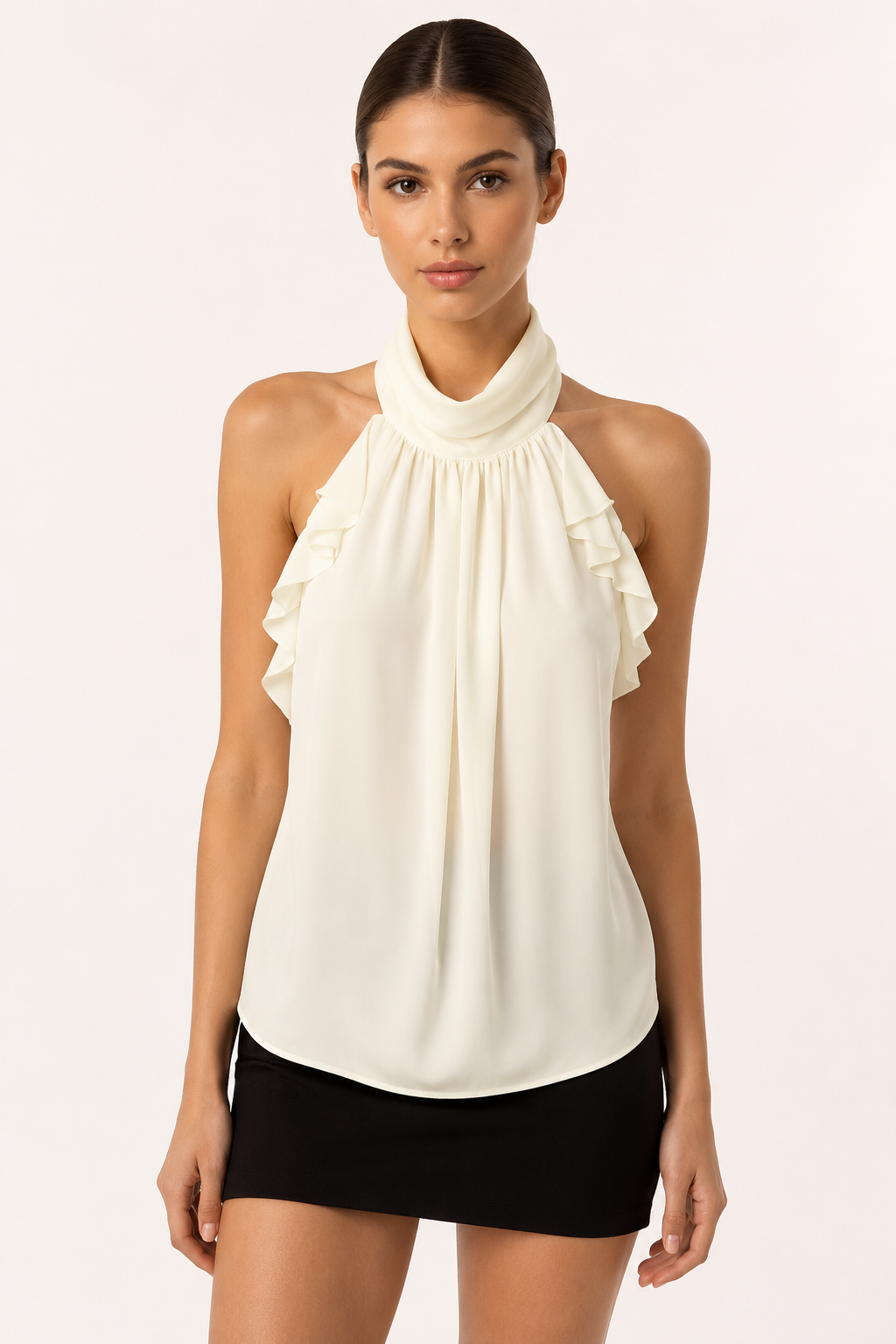 Blusa mujer halter cuello alto hombros descubiertos olanes laterales - Greta