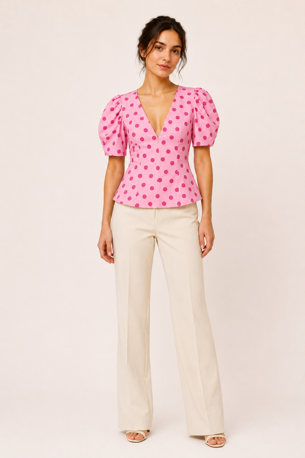 Blusa mujer escote V lunares manga abullonada cintura marcada - Romy