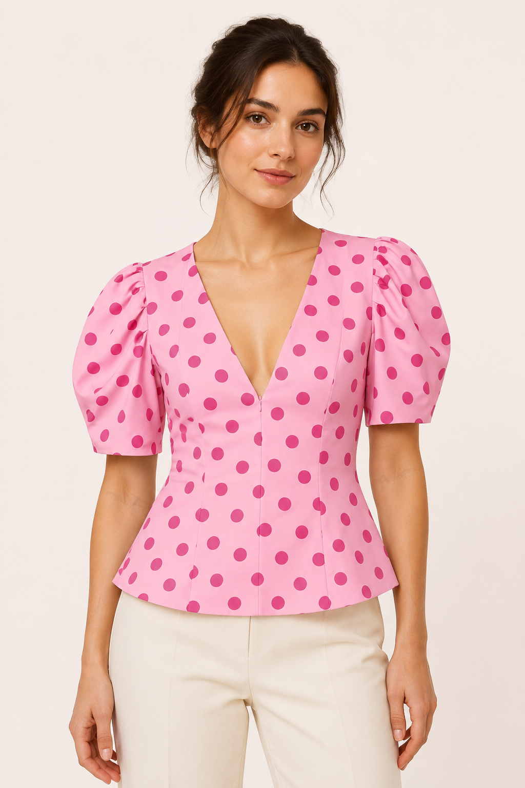 Blusa mujer escote V lunares manga abullonada cintura marcada - Romy