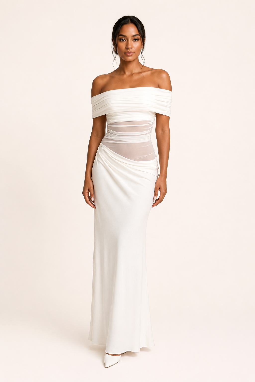 Vestido largo mujer boda hombros descubiertos fruncido caída fluida - Nadine