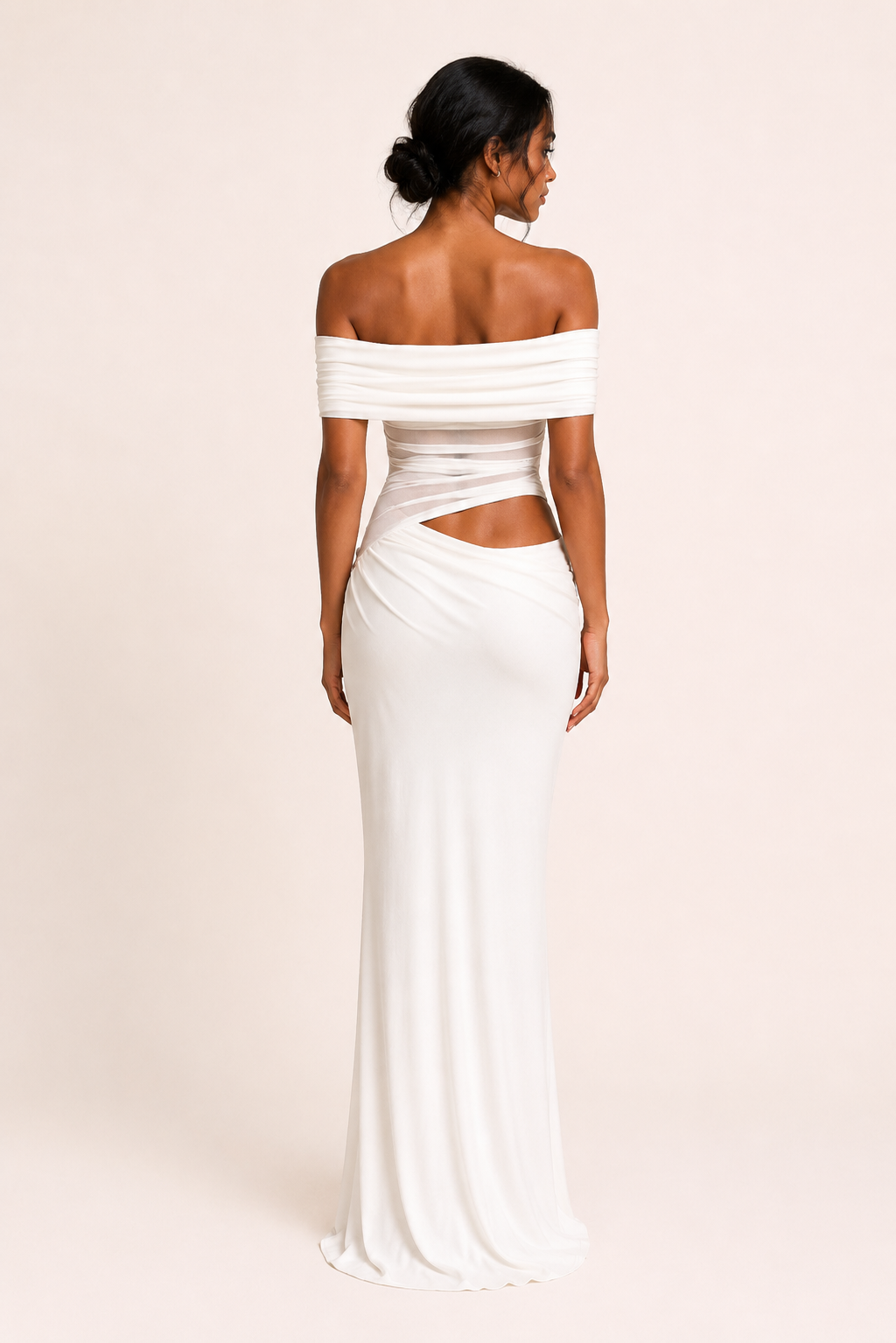 Vestido largo mujer boda hombros descubiertos fruncido caída fluida - Nadine
