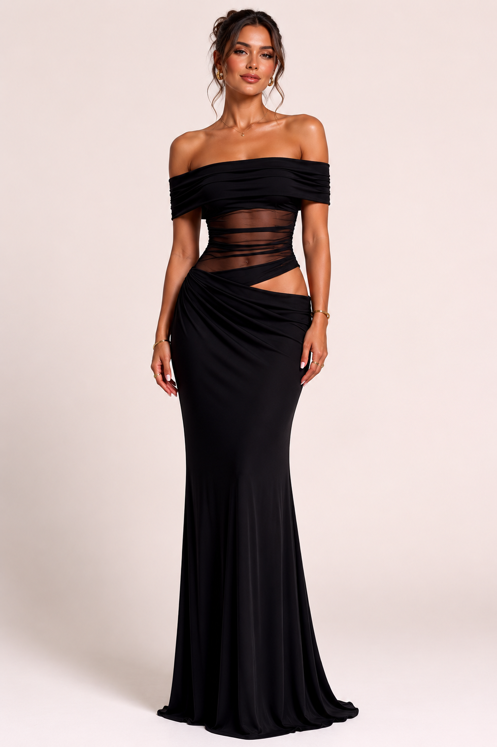 Vestido largo mujer boda hombros descubiertos fruncido caída fluida - Nadine