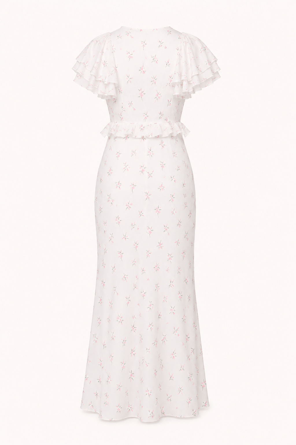 Vestido midi mujer floral volantes hombros escote pico ajustado elegante - Hedda