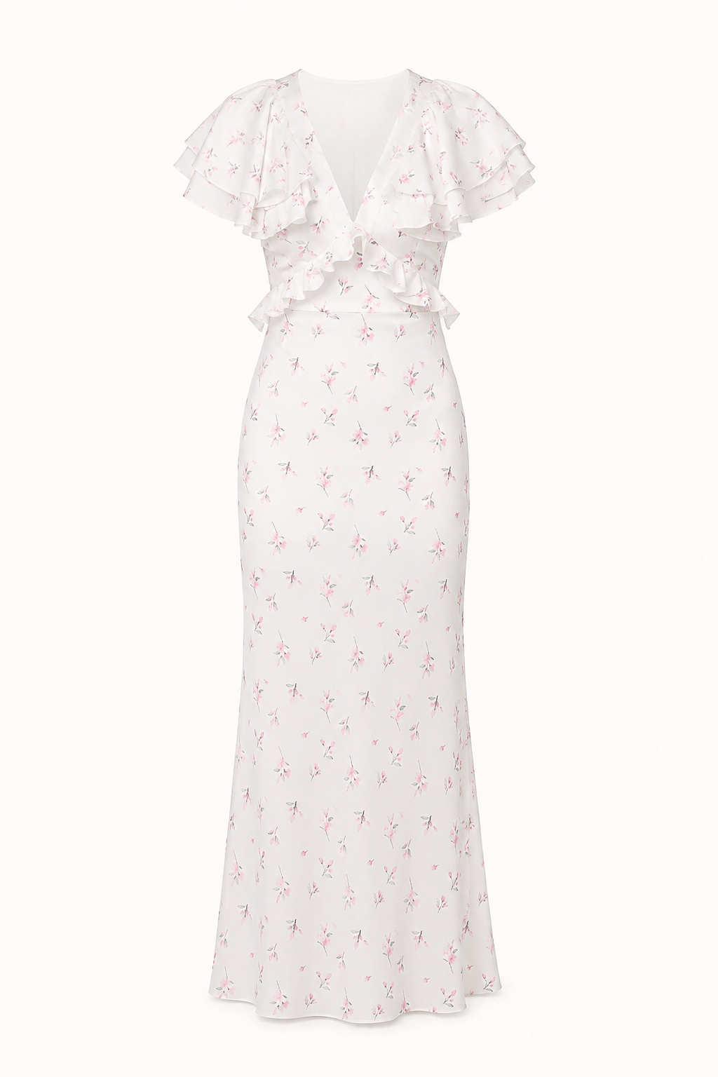 Vestido midi mujer floral volantes hombros escote pico ajustado elegante - Hedda