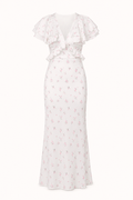 Vestido midi mujer floral volantes hombros escote pico ajustado elegante - Hedda