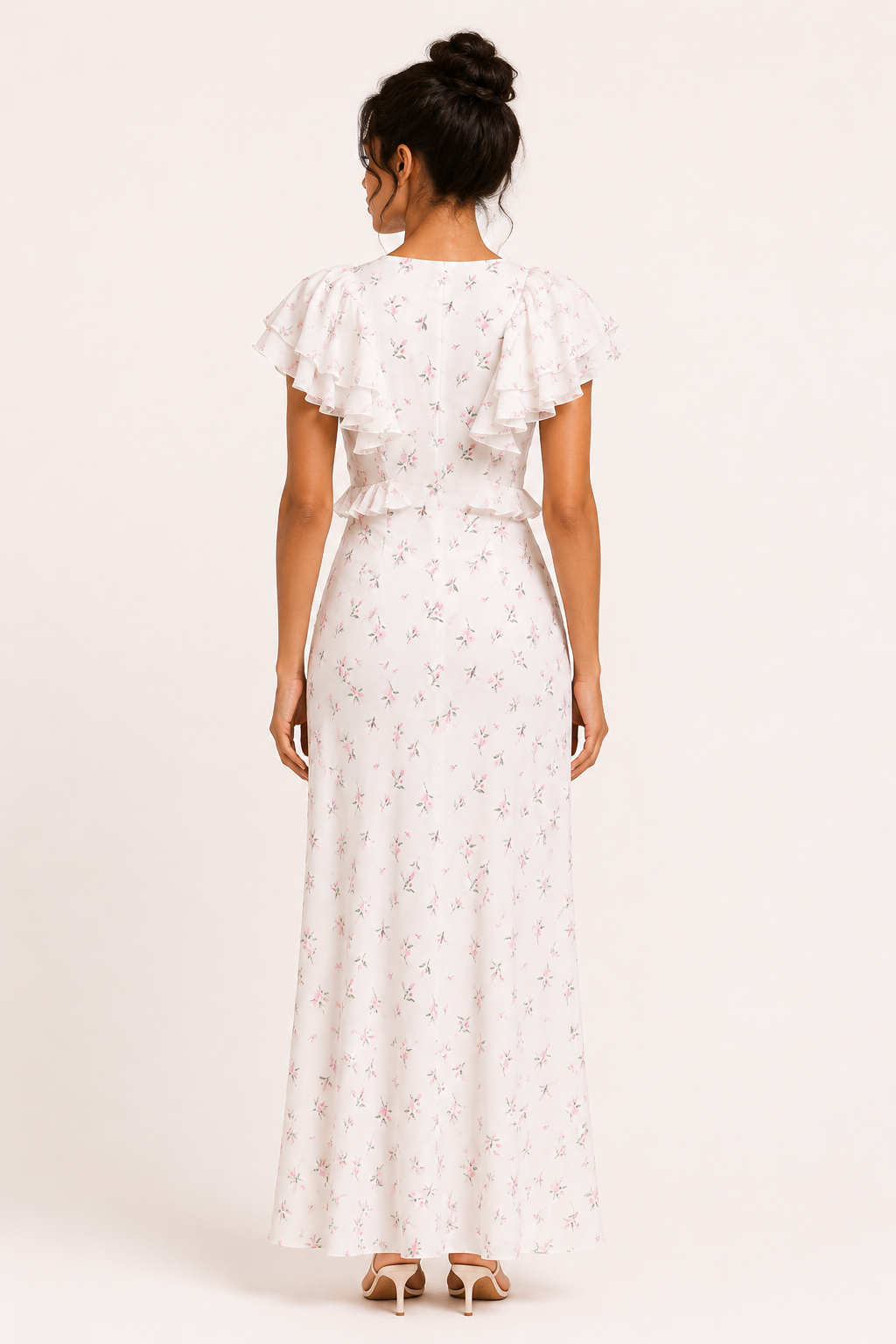 Vestido midi mujer floral volantes hombros escote pico ajustado elegante - Hedda