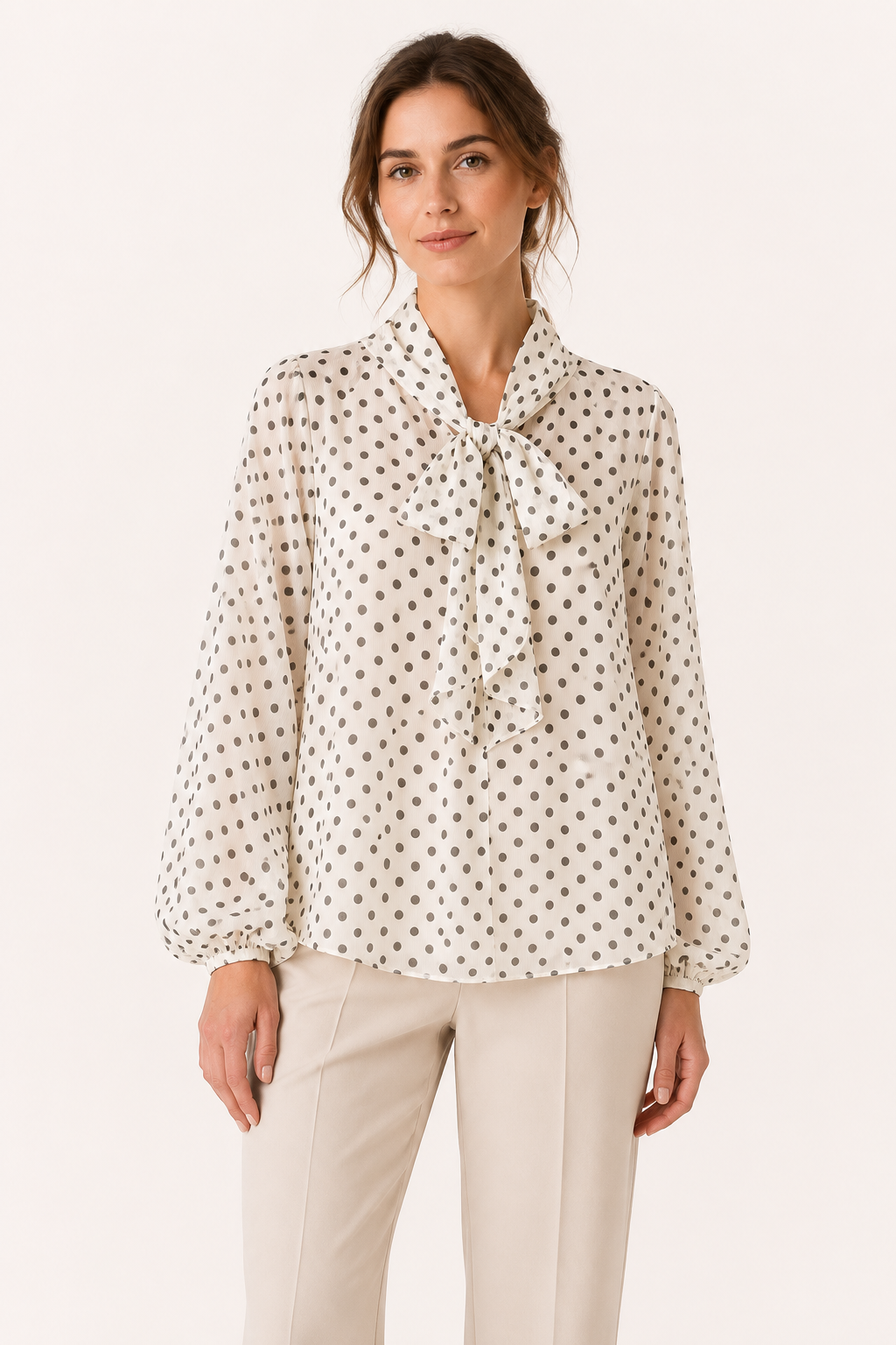 Blusa mujer lunares manga larga abullonada lazo cuello cierre discreto - Hannelore