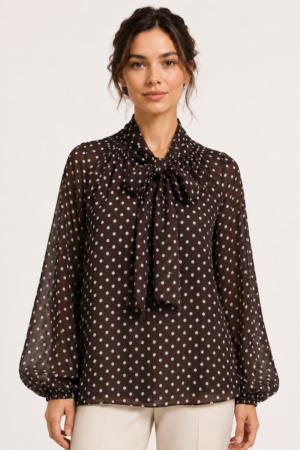 Blusa mujer lunares manga larga abullonada lazo cuello cierre discreto - Hannelore