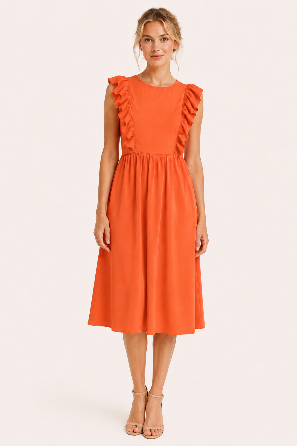 Vestido largo mujer cuello redondo volantes hombros cintura alta falda amplia - Helena