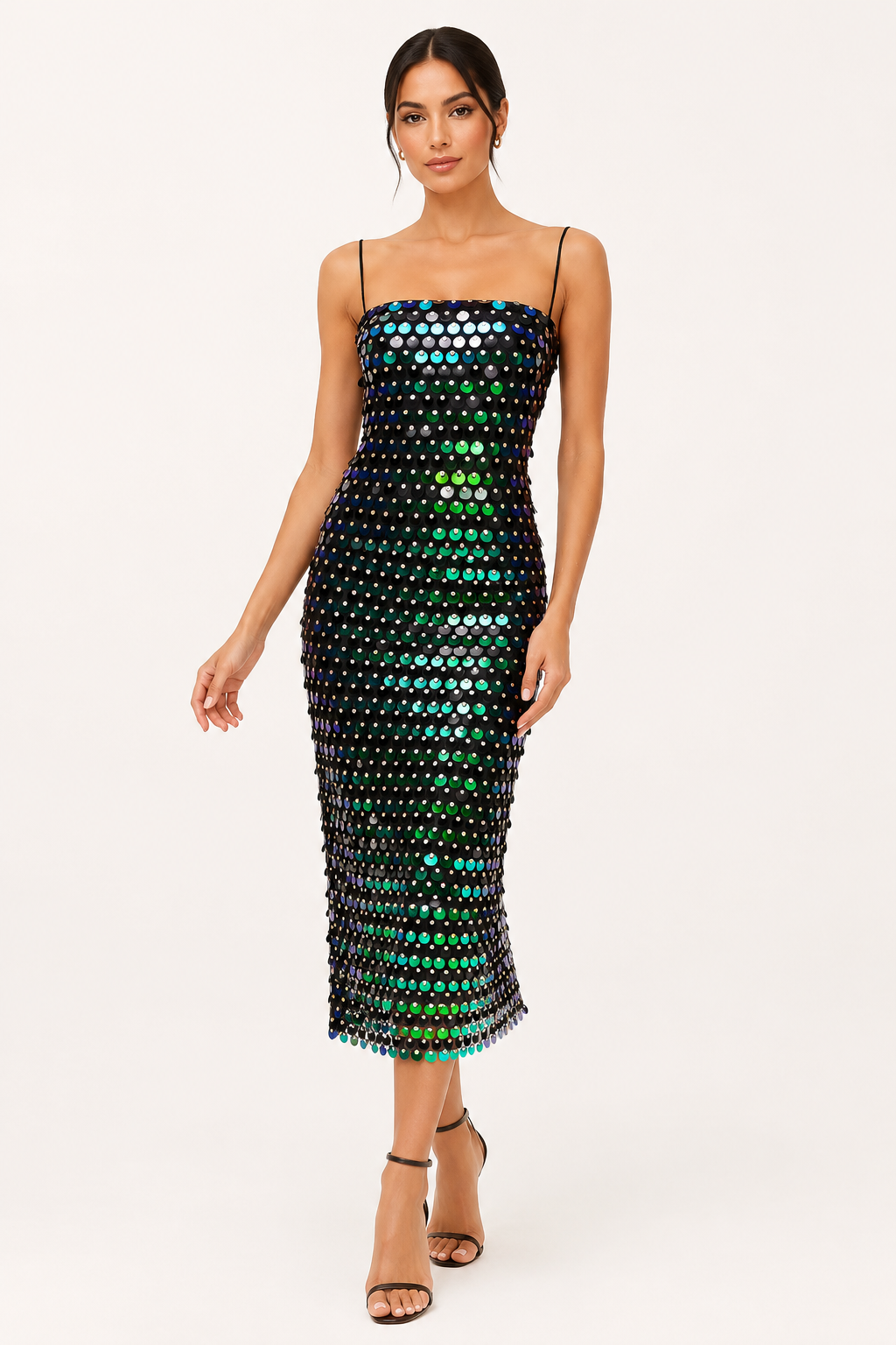 Vestido midi mujer cóctel fiesta tirantes finos acabado brillante lentejuelas - Senta